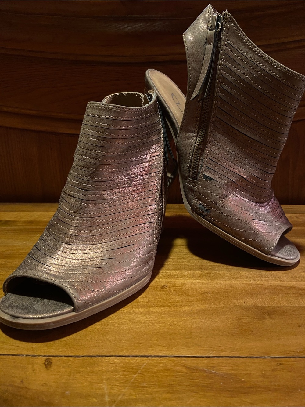 CL by Laundry Metallic Taupe Open-Toe Ankle Booties